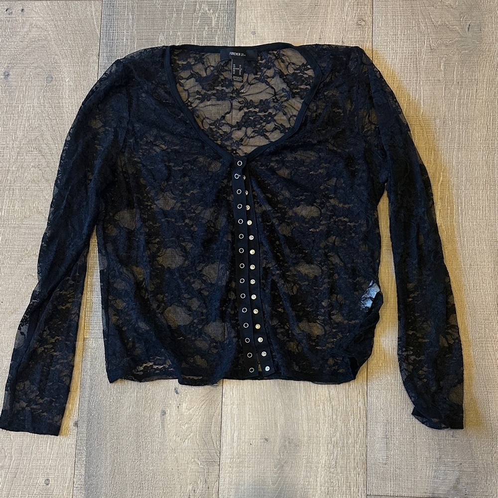 Forever 21 Black Lace Button-Down Blouse